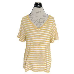 A new Day Womens Blouse Size Medium Striped Yellow White Casual Short Sleeve